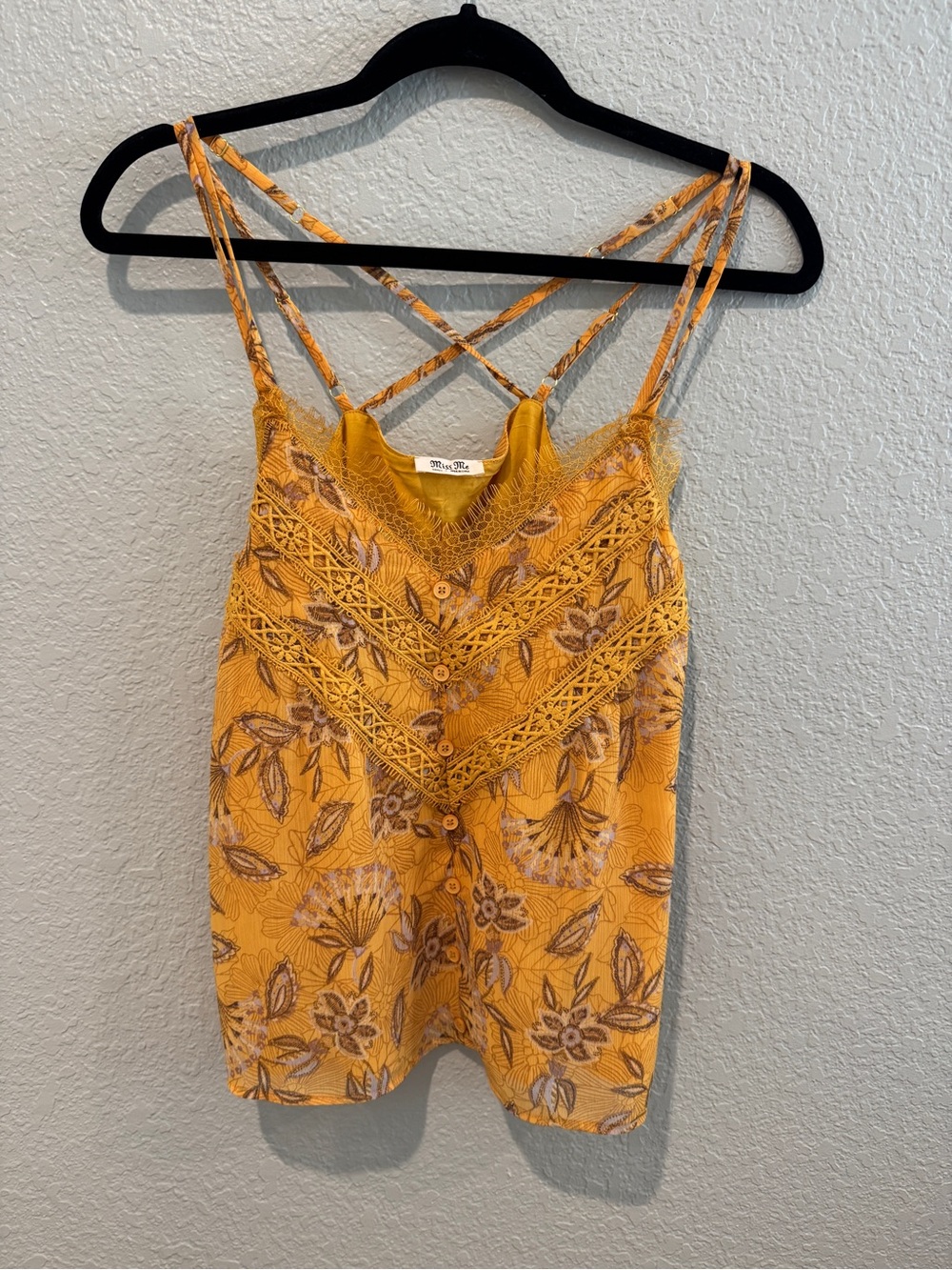 Miss Me Mustard Floral Lace Strappy Cami Tank Top Size S